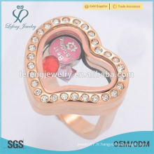 Nouveau modèle bijoux en or rose cristal coeur verre flottant charme locket anneaux de doigts